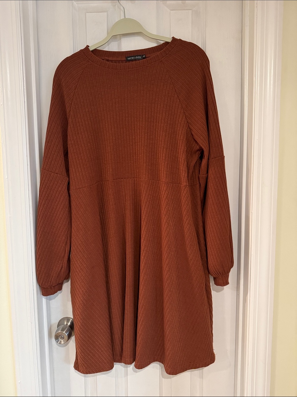 Ribbed Long-Sleeve Swing Dress in Rust